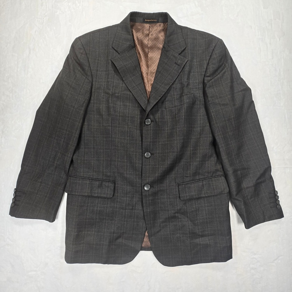 Vinci Mens 42R Sport Coat Charcoal Gray Plaid 3 Button Blazer Jacket